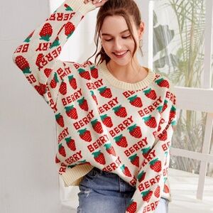 Romwe Oversized Crewneck Strawberry Pattern Sweater. Size 4